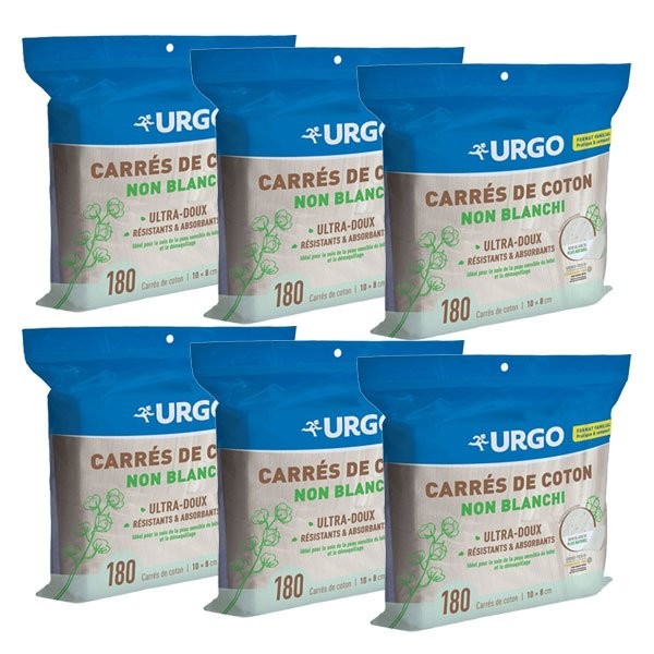 Urgo Premiers Soins Carrés de Coton Non Blanchis Lot de 6 x 180 unités, Atida