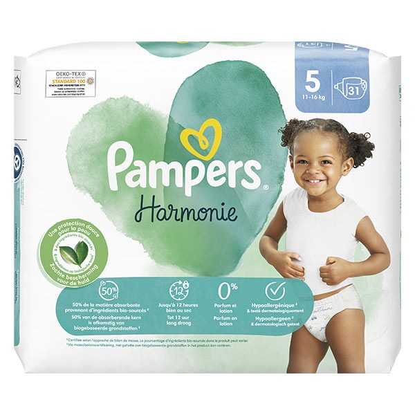Pampers Couches Harmonie Taille 5 (11-16 kg), 152 Couches Bébé, Pack 1  Mois, 100% d'absorption & des Ingrédients d'origine végétale