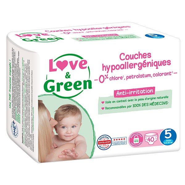 Couche hypoallergénique Taille 1 (2-5kg) 44 unités Love & Green Bébé  écologique