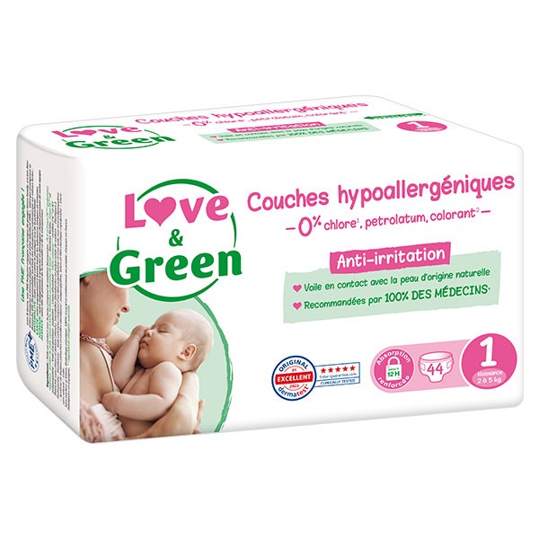 Couches T1 (2-5kg) Hypoallergéniques - x44 - Love and Green - La Fourche
