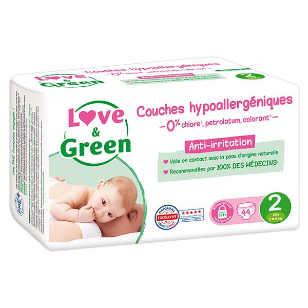 Couches Bébé Hypoallergéniques 0% Love & Green - Taille 1/2 à 5 kg (x 23  couches)